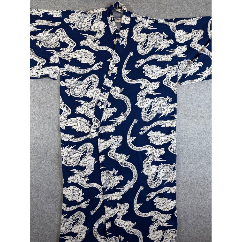 Vintage Japanese Yukata Robe Mens OS Navy Blue Good Dragon Print Cotton Japan